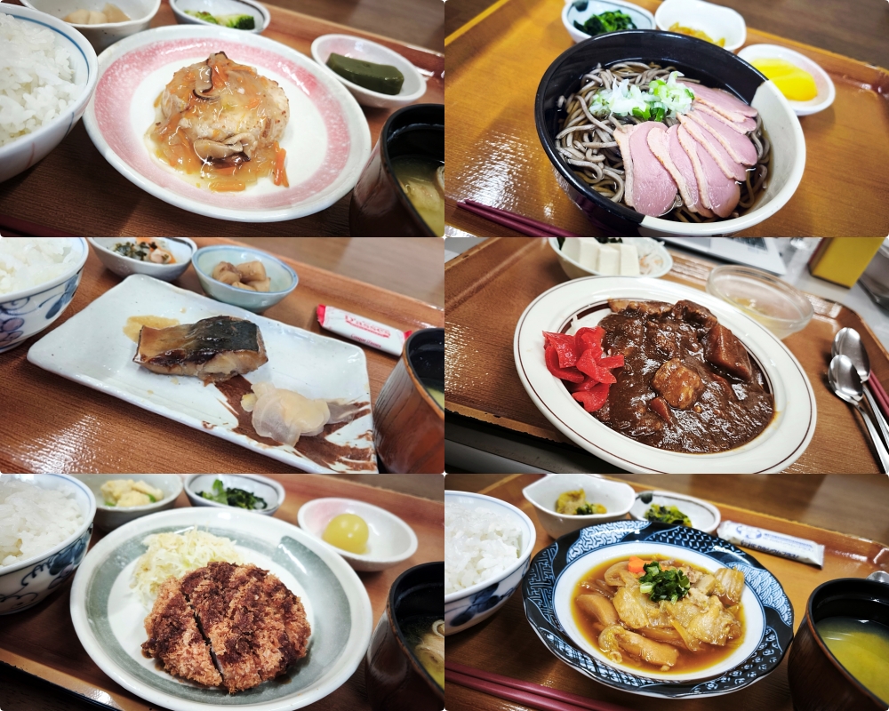 豆腐ハンバーグの野菜あん / かも南蛮そば  / アジの照り焼き / ビーフカレー / とんかつ / 牛すき煮